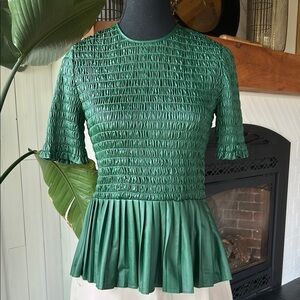 ZARA Green Faux Leather Smocked Peplum Top